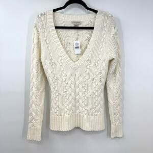 NEW Vintage Banana Republic Factory Sweater S Cream Cable Knit Chunky Y2K Deep V